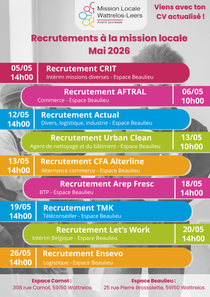 Recrutement mai Mission Locale Wattrelos-Leers